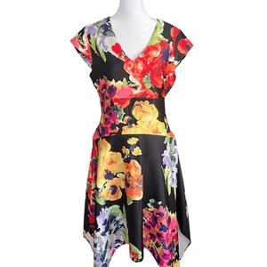 N Natori Watercolor Bouquet Asymmetrical Short Sleeve Dress